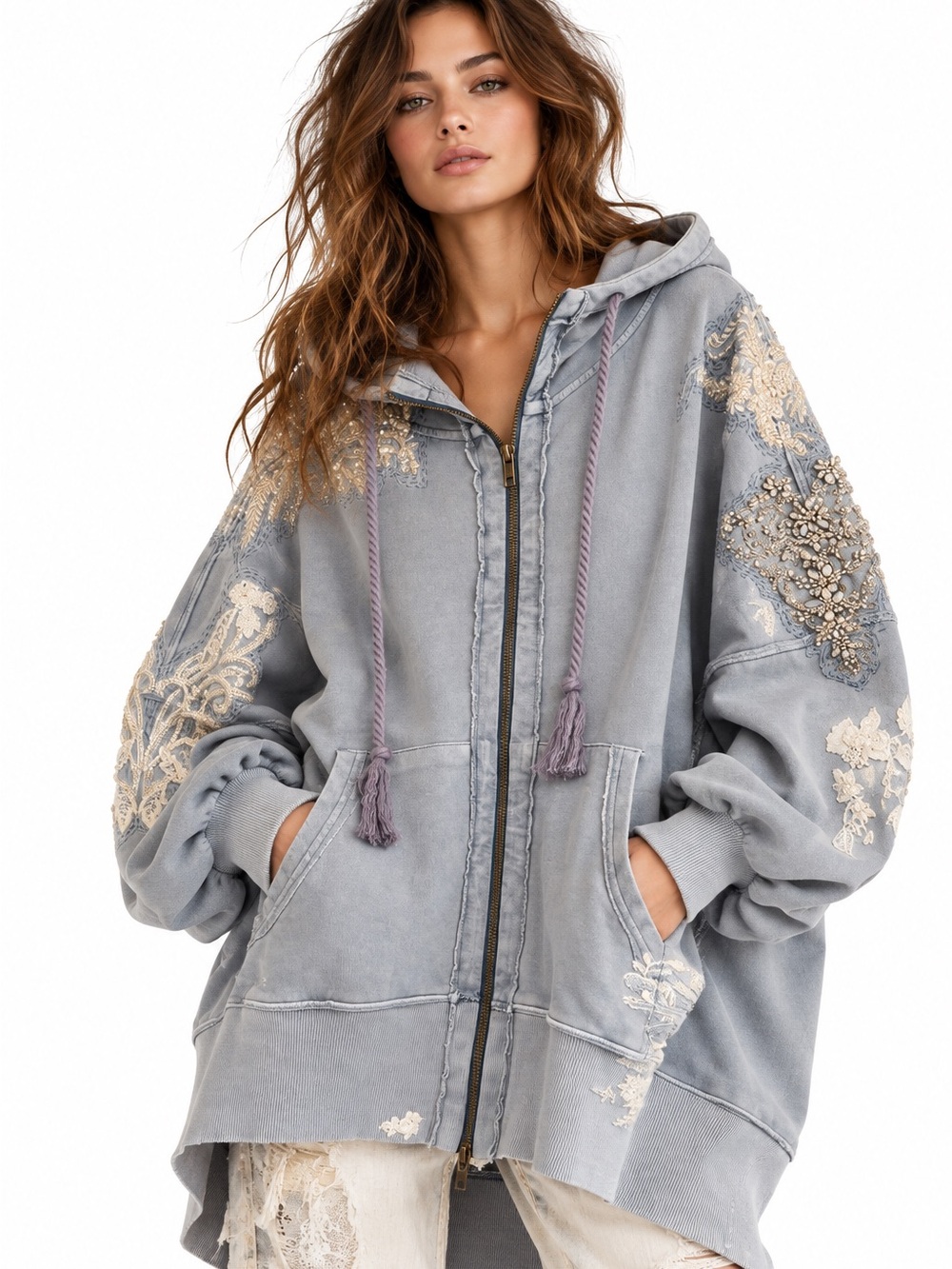 Free People Light Gray / blue Embellished Zip Hoodie with Lavender Drawcords